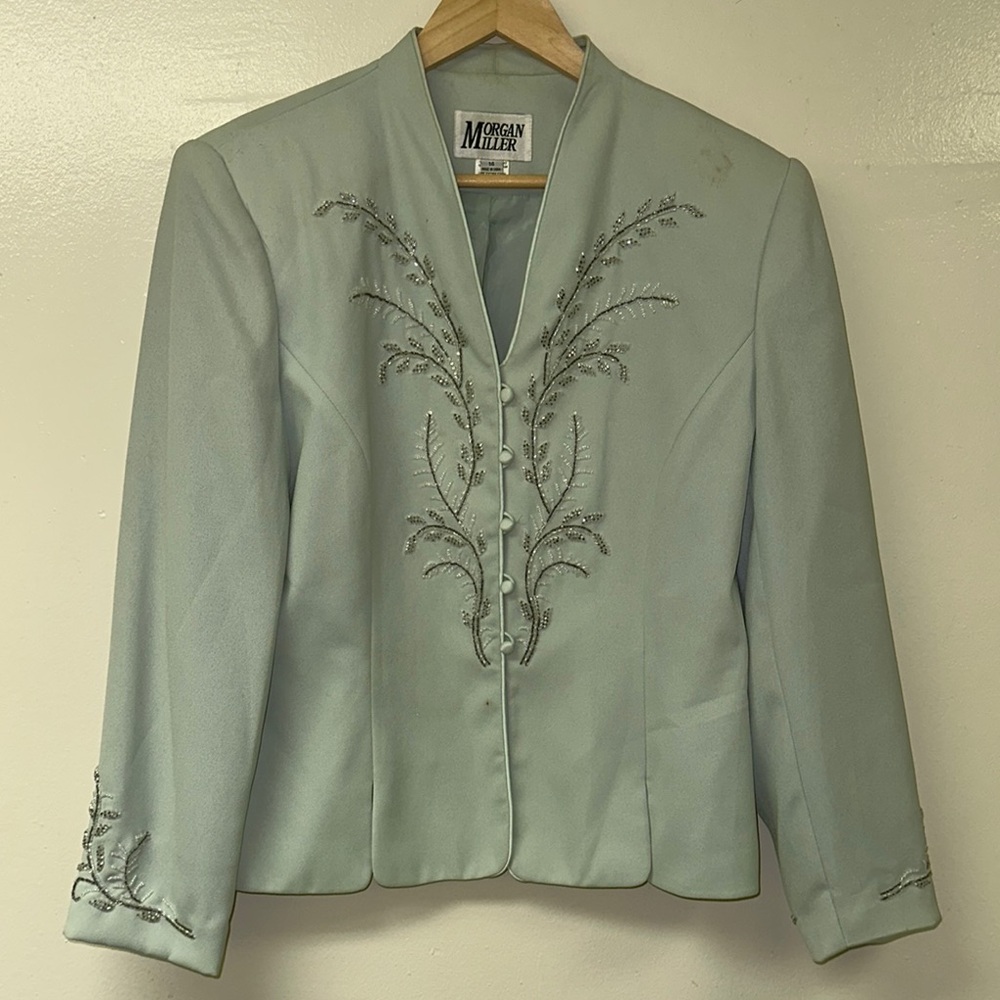 Morgan Miller Women's Light Green Embroidered Jacket and Skirt Set